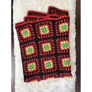 Vintage Granny Square Crochet Throw Blanket Hand Made Red Black Blanket 35 x 49